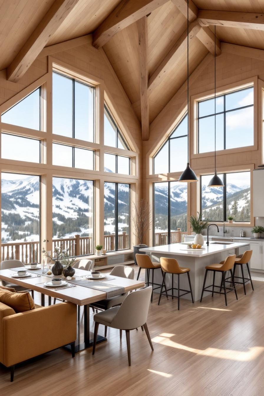 Large windows showcase stunning mountain scenery in a cabin interior