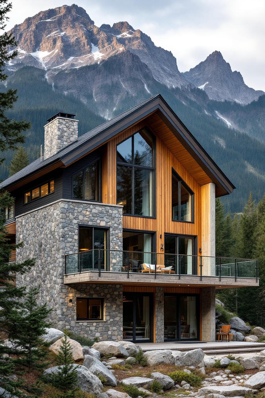 Modern cabin with stone and wood facade beneath tall mountain range