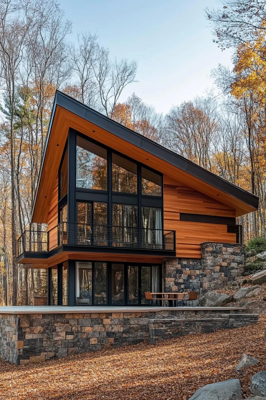 Wood and glass mountain cabin with a sloped roof