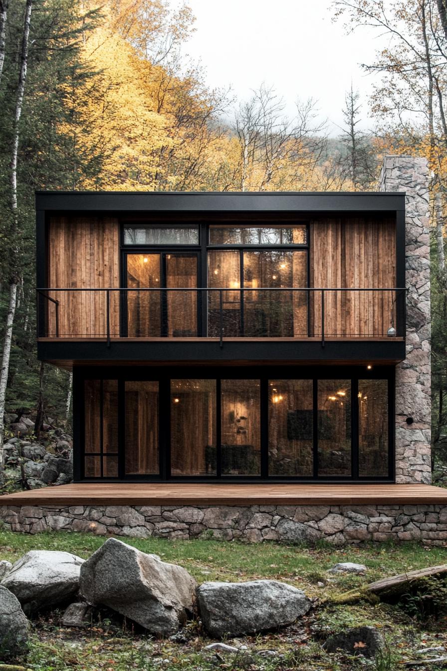 Two-story wood cabin with large windows