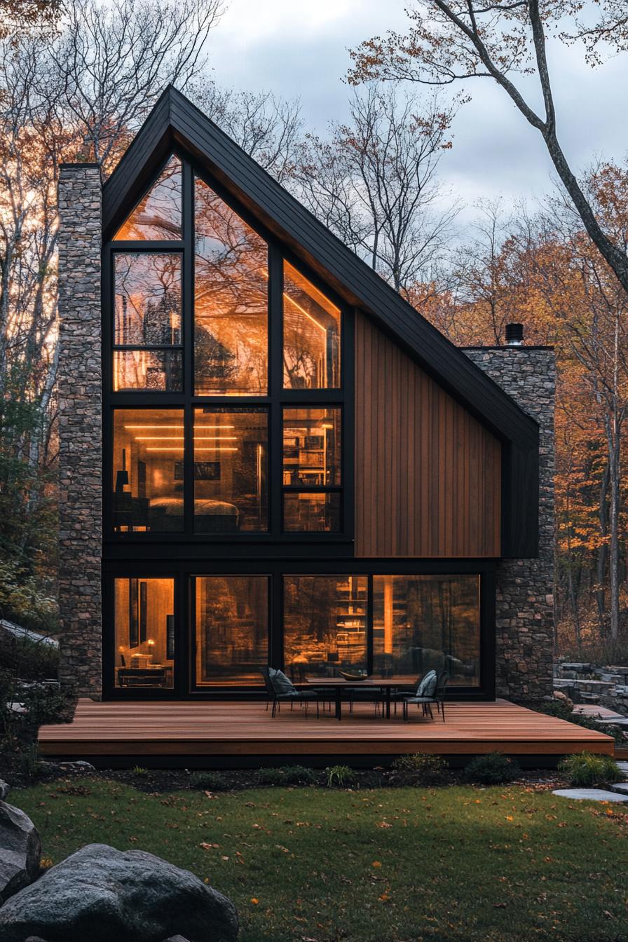 Two-Story Modern Cabin with Large Windows and Stone Chimney