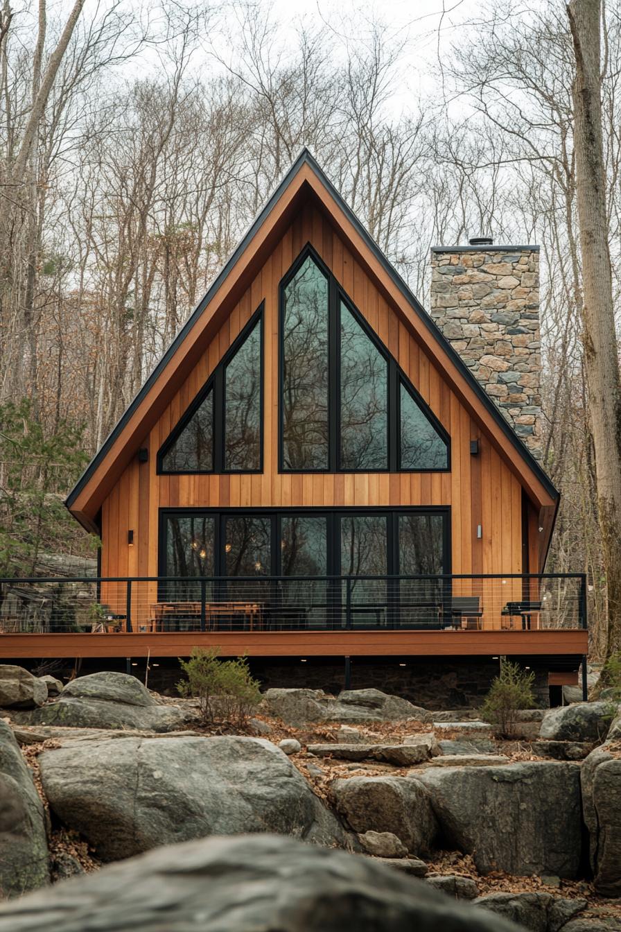 A-Frame cabin with large windows and a stone chimney