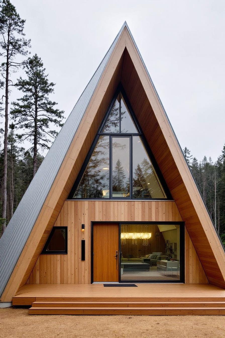 A contemporary A-frame cabin nestled among tall trees