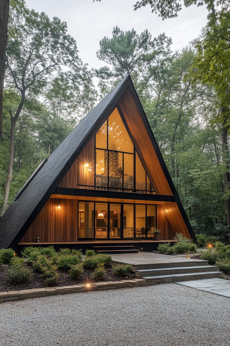 A-frame house surrounded by lush trees, with large glass windows