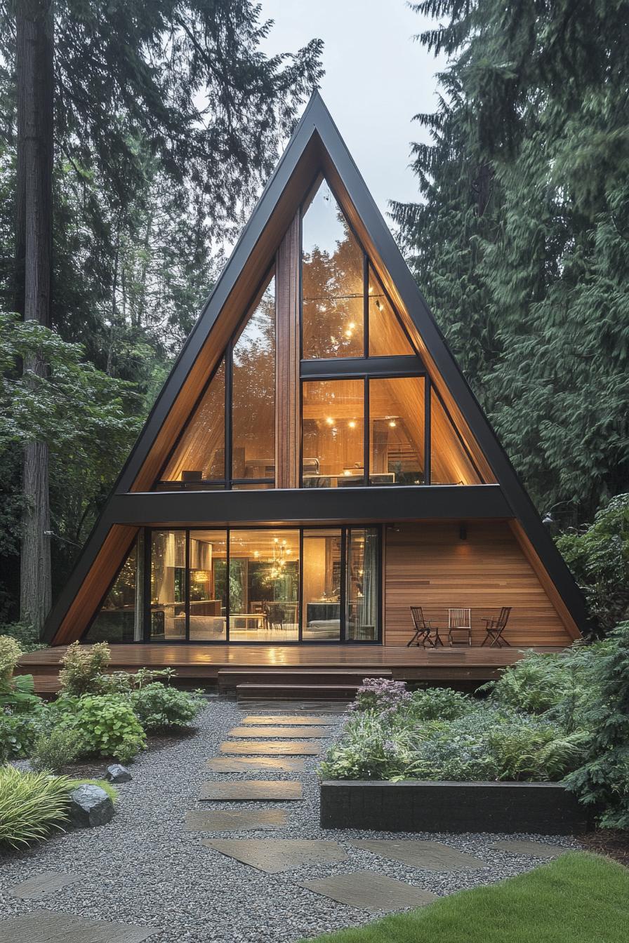 A-frame house surrounded by lush greenery