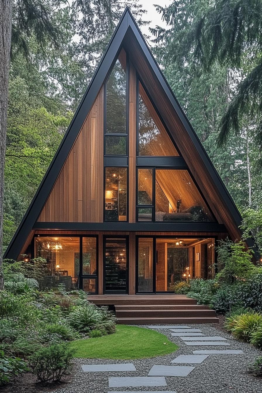 A-frame house nestled among lush trees