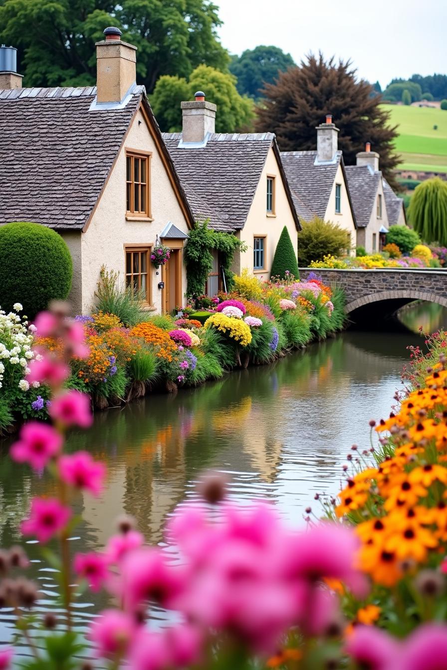 Charming cottage by a colorful canal with abundant flowers