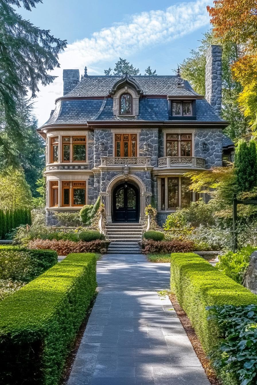 Grand stone house surrounded by lush greenery