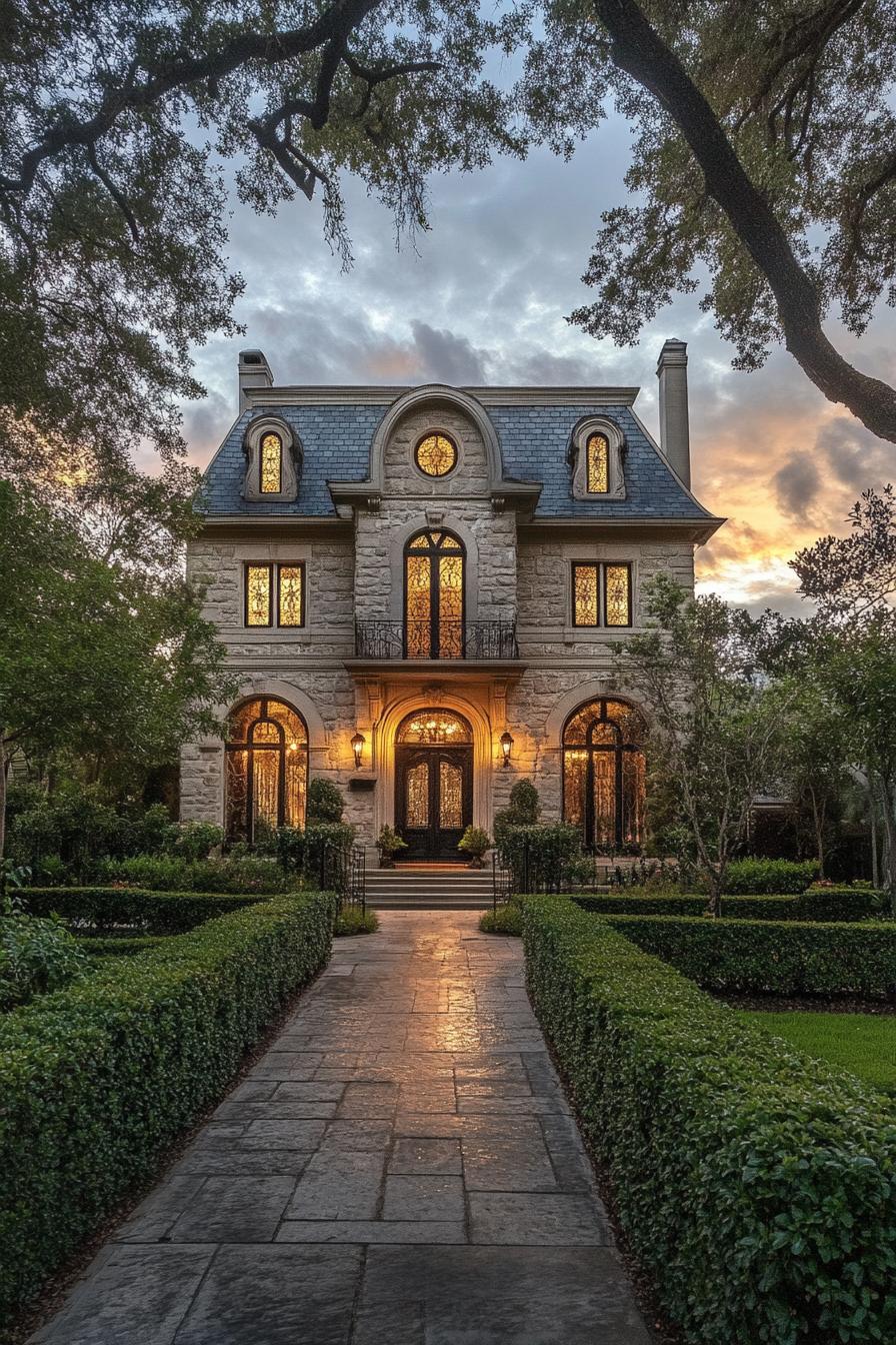 Elegant stone house with decorative windows and lush surroundings