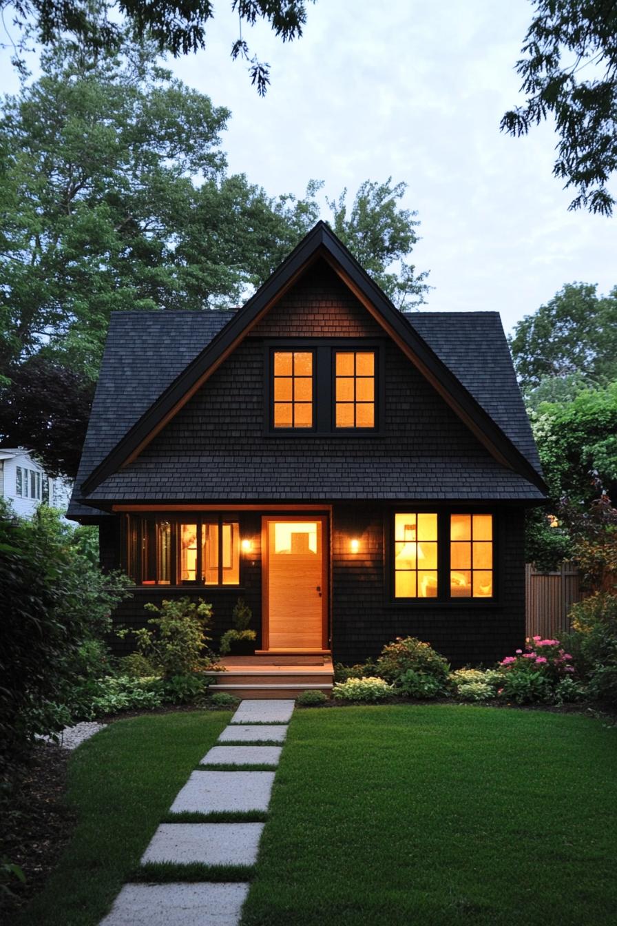 Charming cottage with glowing windows at dusk