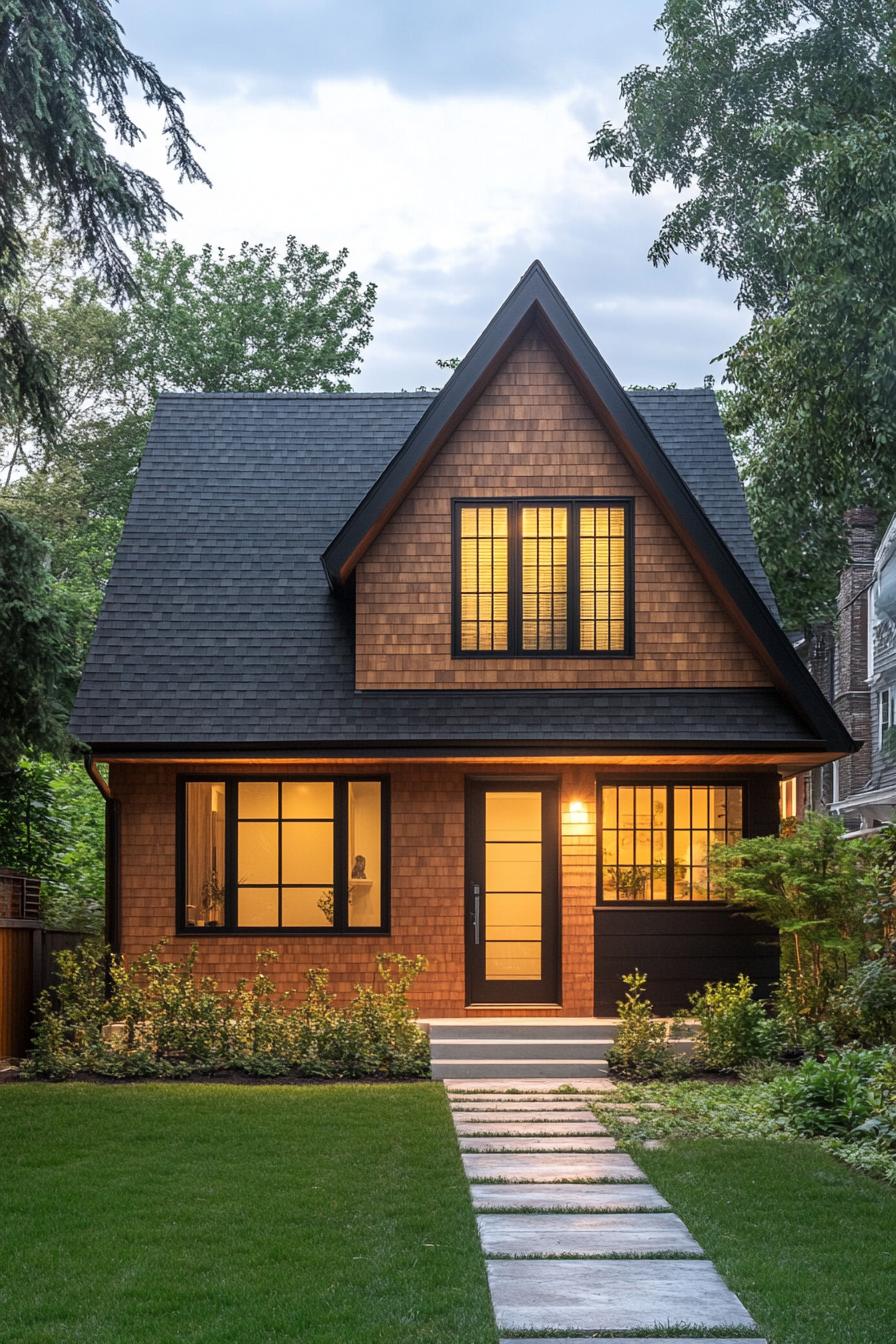 Small wooden house with bright windows and a neat lawn