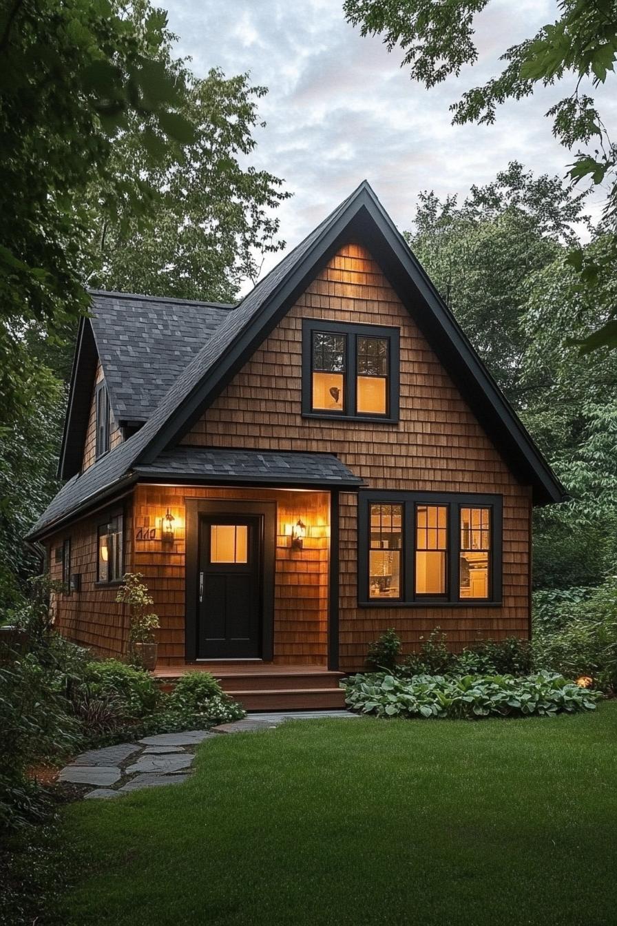 Cozy wooden house nestled in a green forest