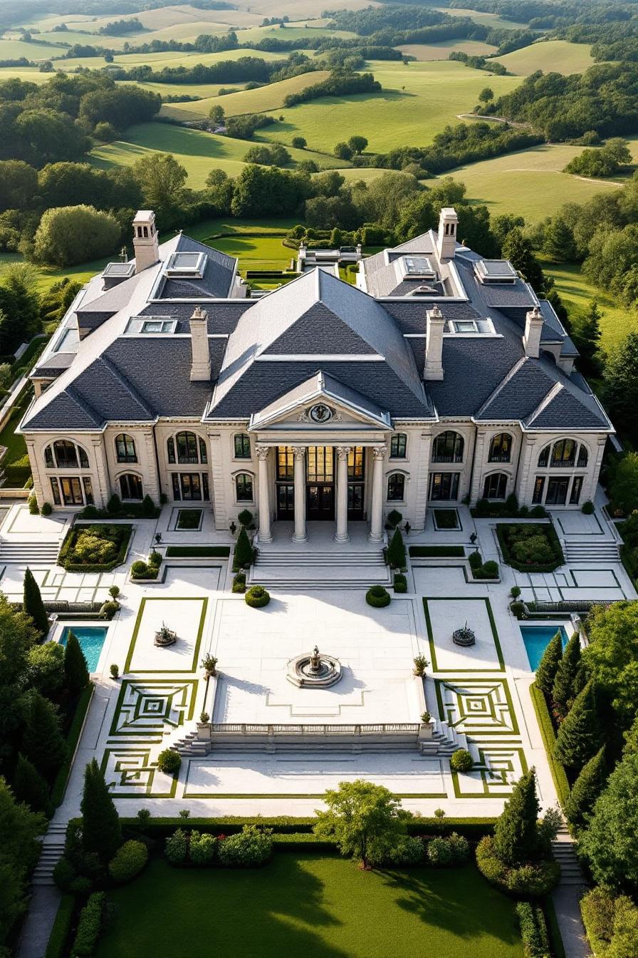 Expansive mansion with elaborate gardens and countryside view