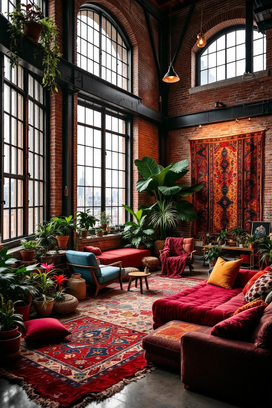 Artist loft with brick walls, large plants, and vibrant furniture