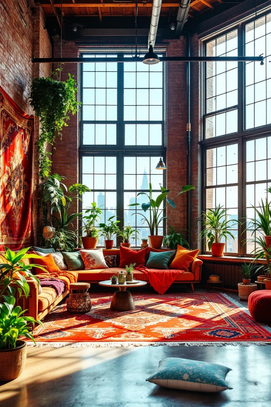 Sun-drenched loft with lush plants and vibrant decor