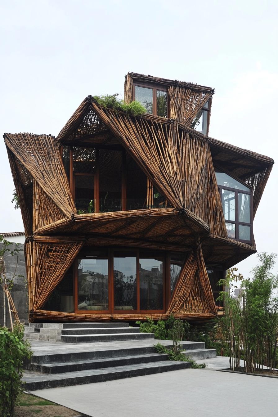 A uniquely shaped bamboo house with large windows and green surroundings