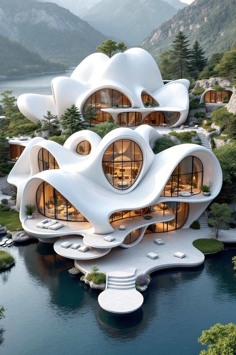 Futuristic organic structure with curving white shapes nestled in nature