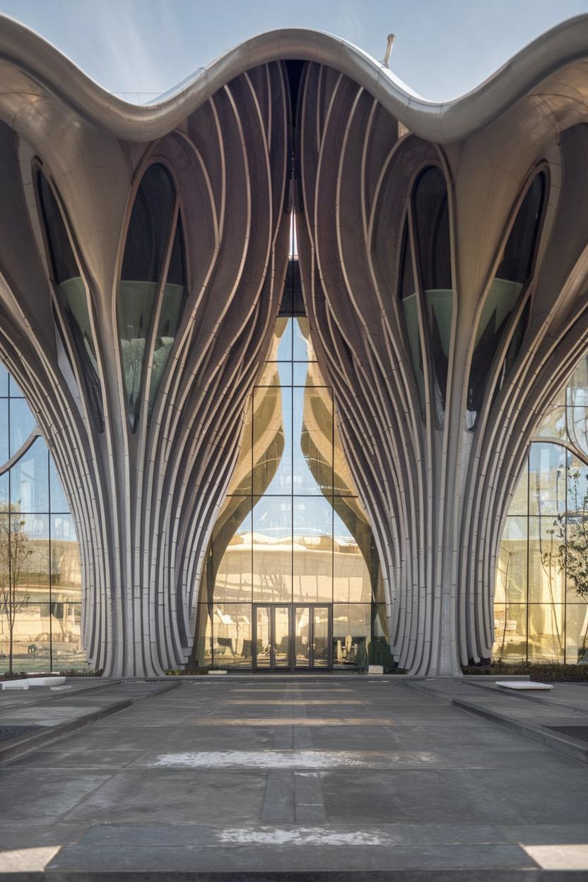 Futuristic building with wavy, leaf-like facade