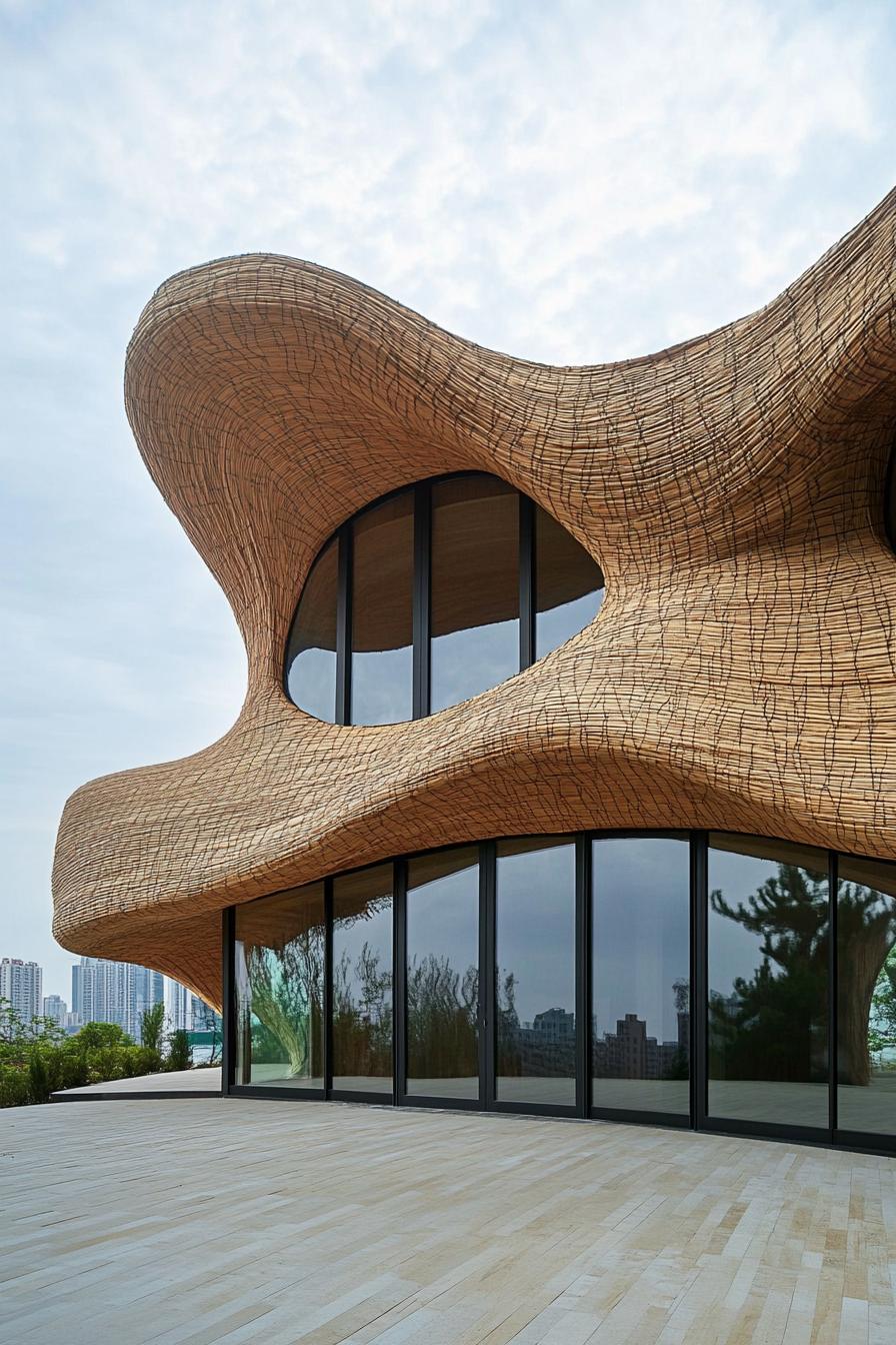 Contemporary structure with curved wooden facade and large windows