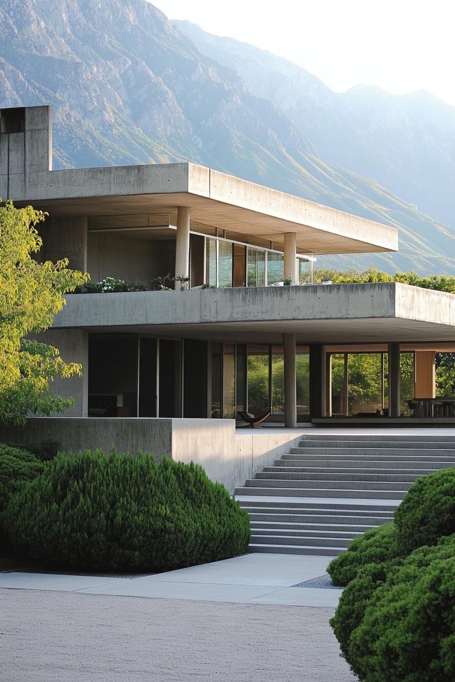 Modern concrete mansion with mountain backdrop