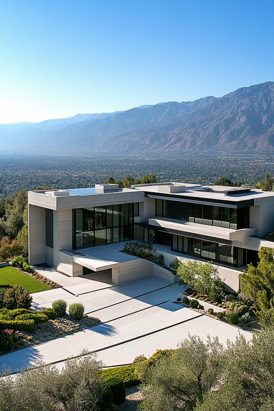 Modern concrete mansion amidst greenery and mountains