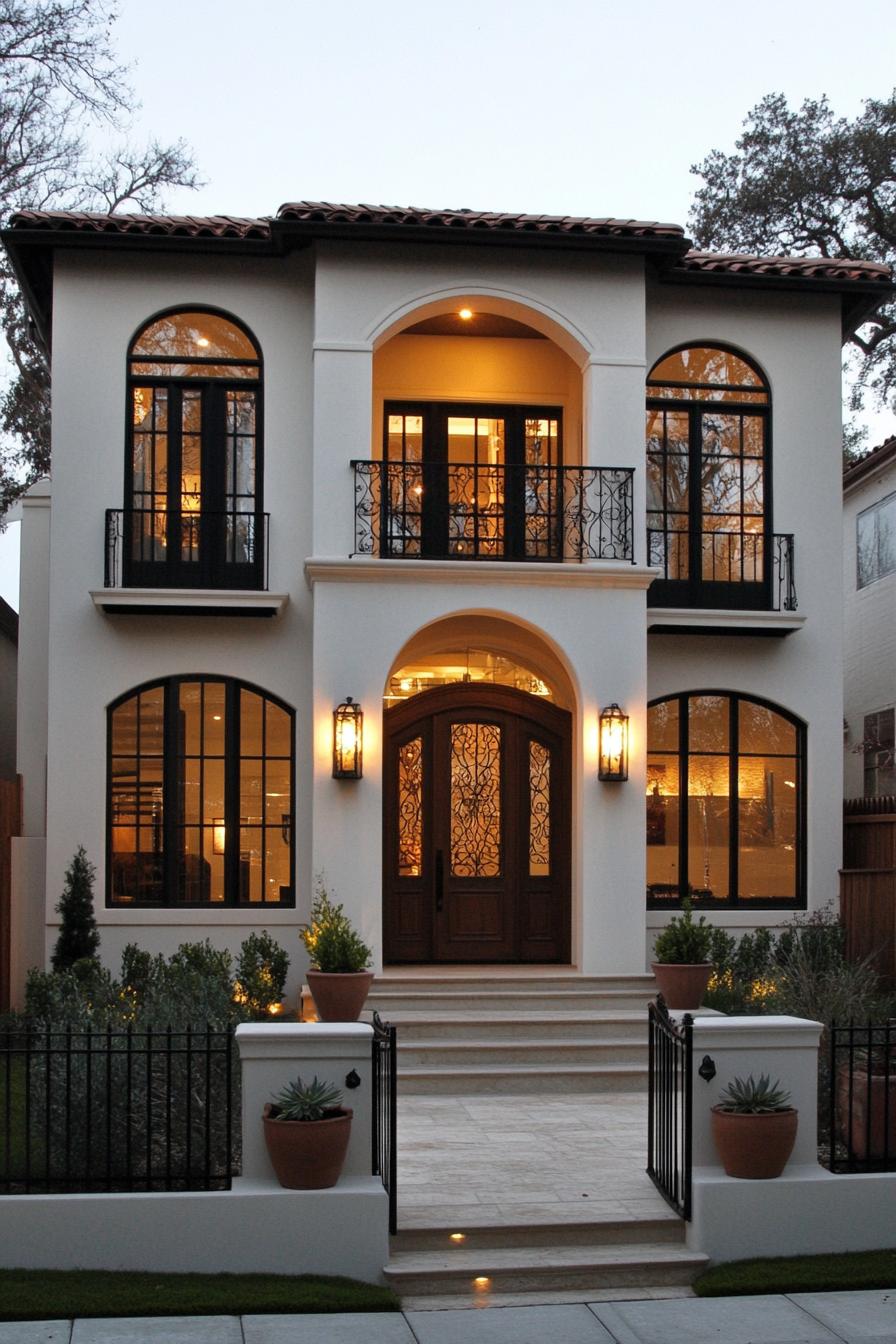 Elegant Spanish villa with symmetrical arches and warm lighting