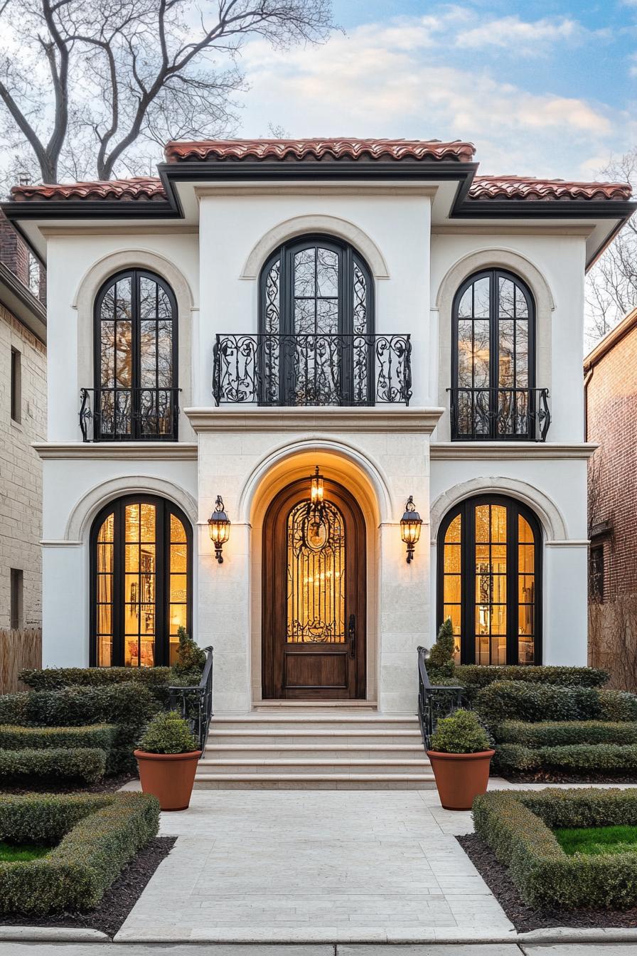 Elegant Spanish villa with arched windows and intricate ironwork