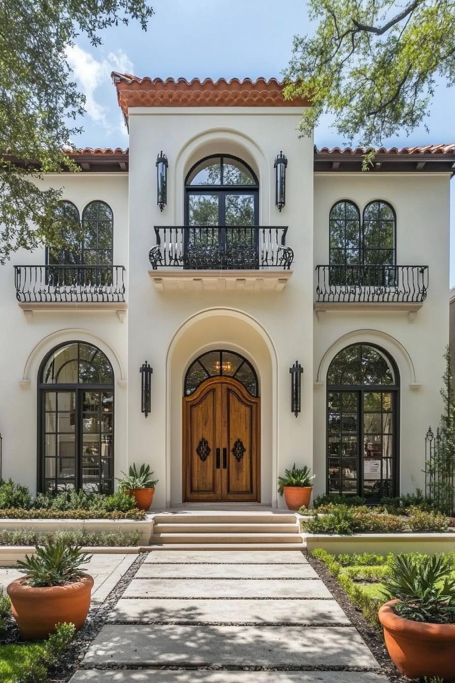 Spanish villa facade with arched doors and windows, surrounded by lush greenery