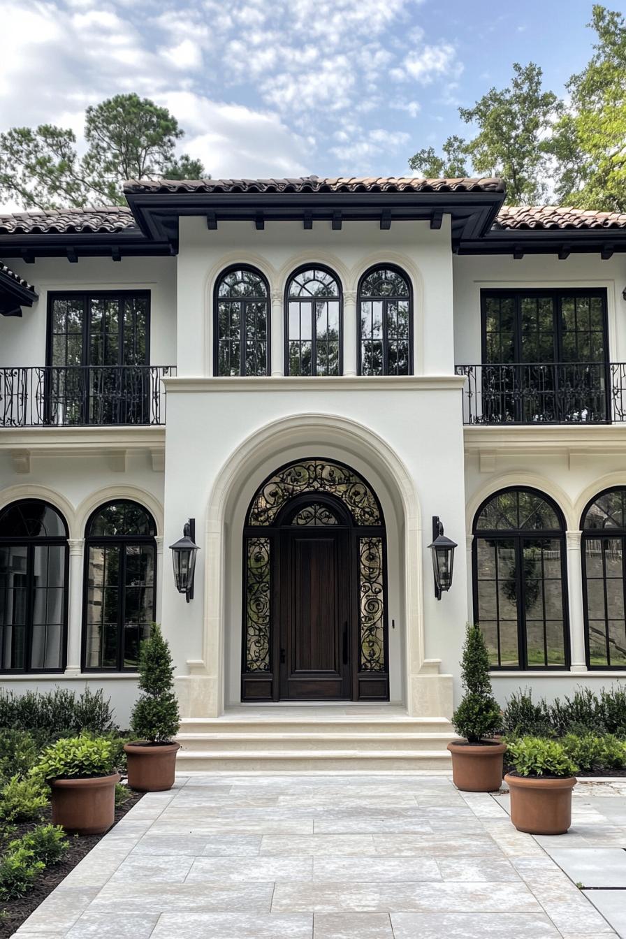 Elegant white villa with arched windows and a grand entrance