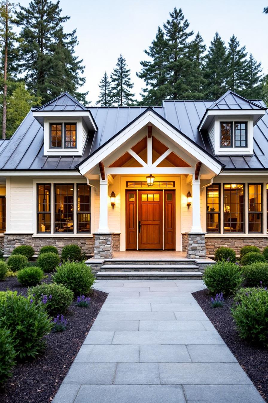 Craftsman farmhouse with stone accents and dormer windows