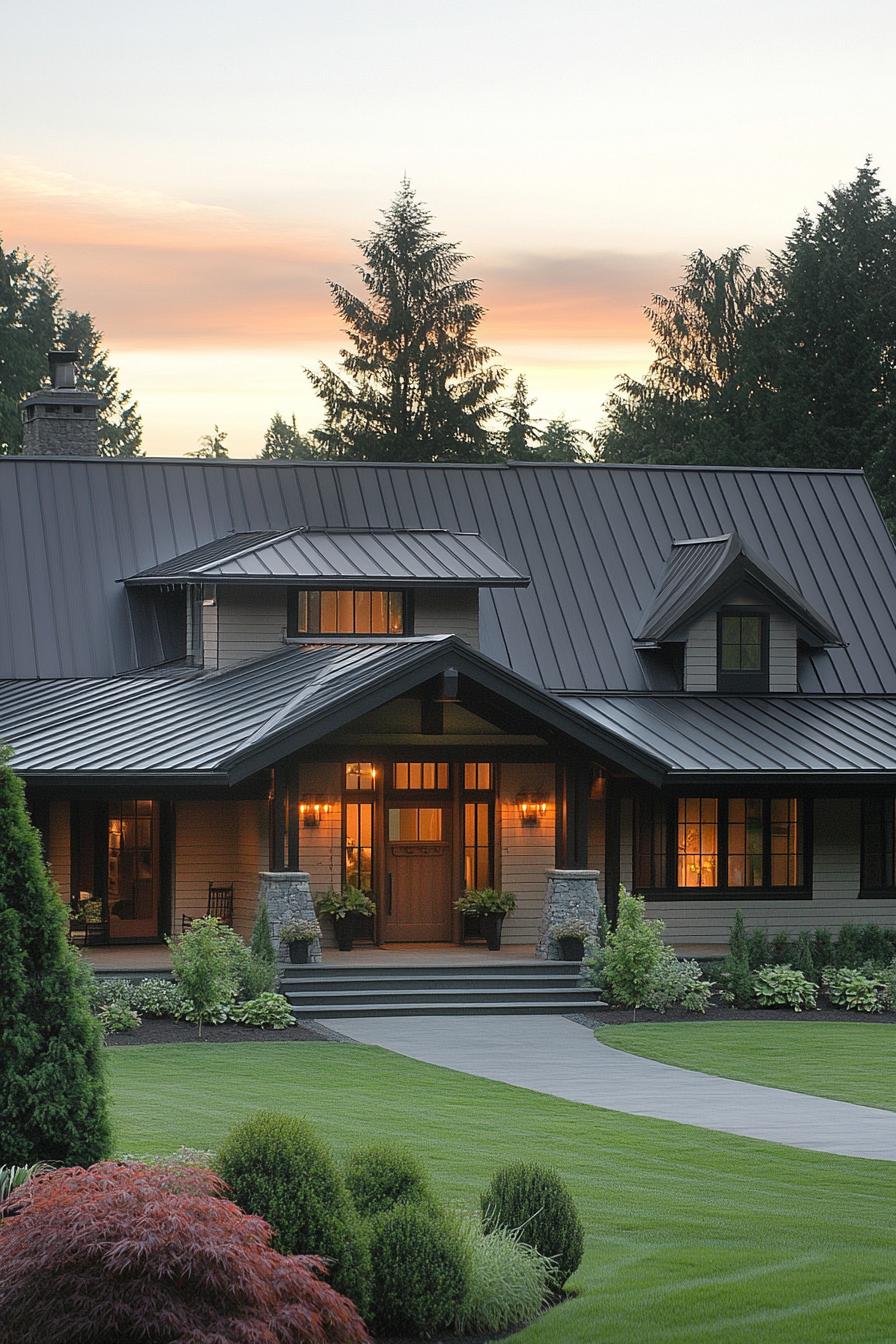 Craftsman farmhouse at sunset with vibrant lawn