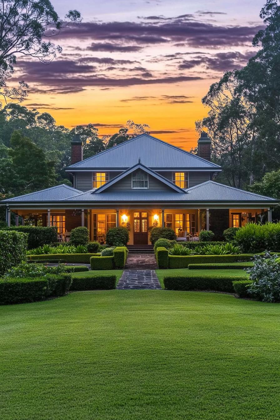 Warm farmhouse surrounded by lush greenery at sunset