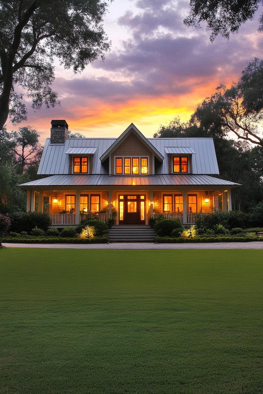 Warm, lit farmhouse with a metal roof and vibrant sunset