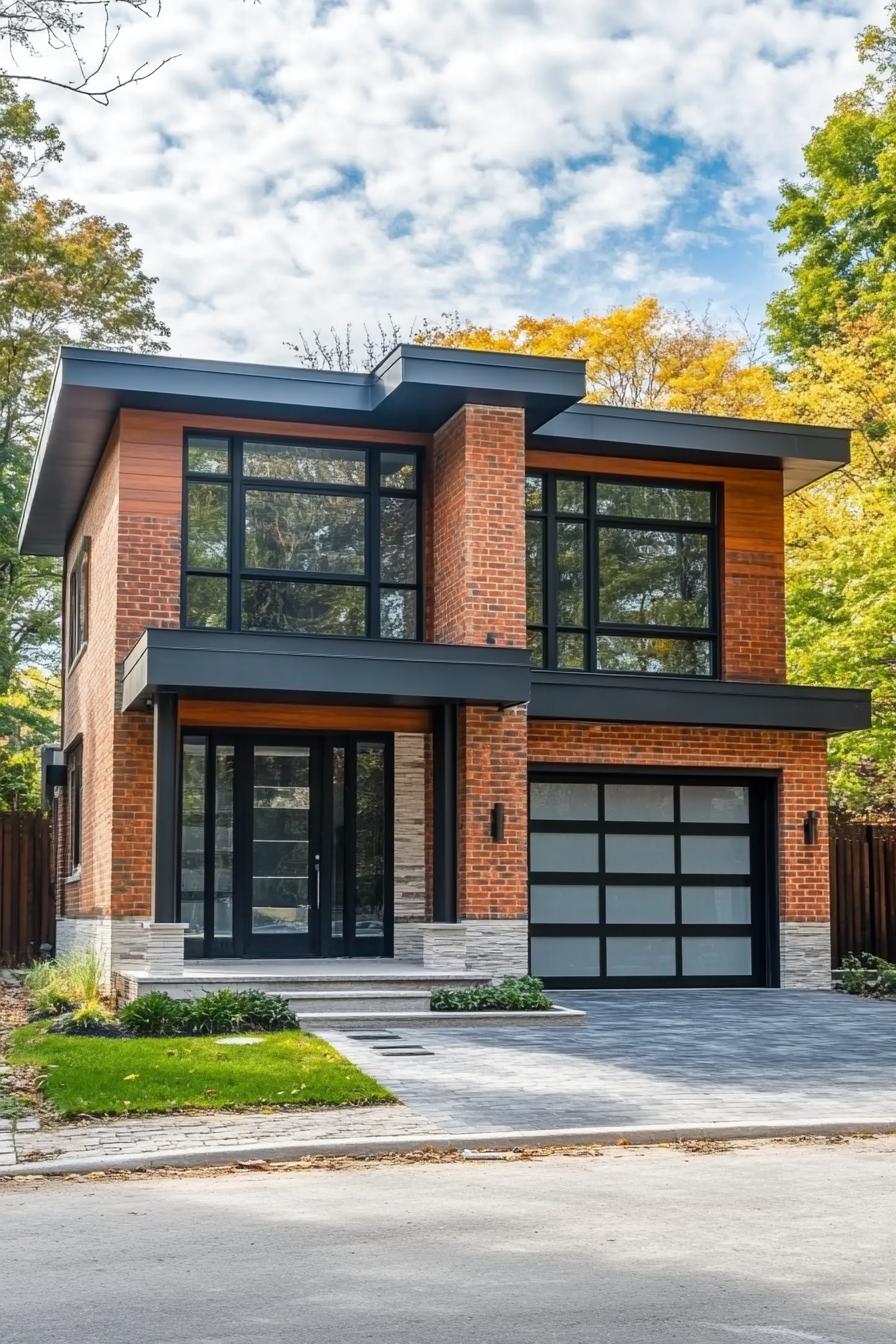 Modern two-story brick house with large black-framed windows