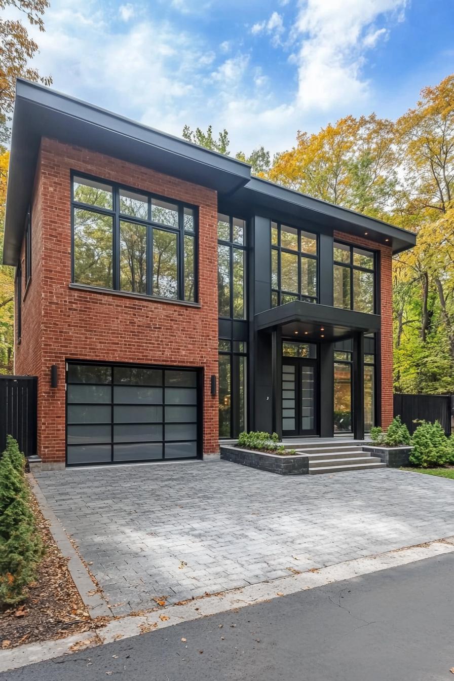 Two-story brick house with black accents and large windows set in a wooded area