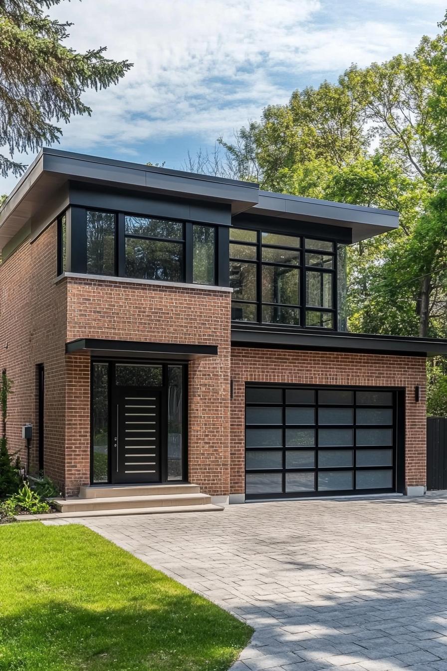 Modern two-story brick house with large glass windows