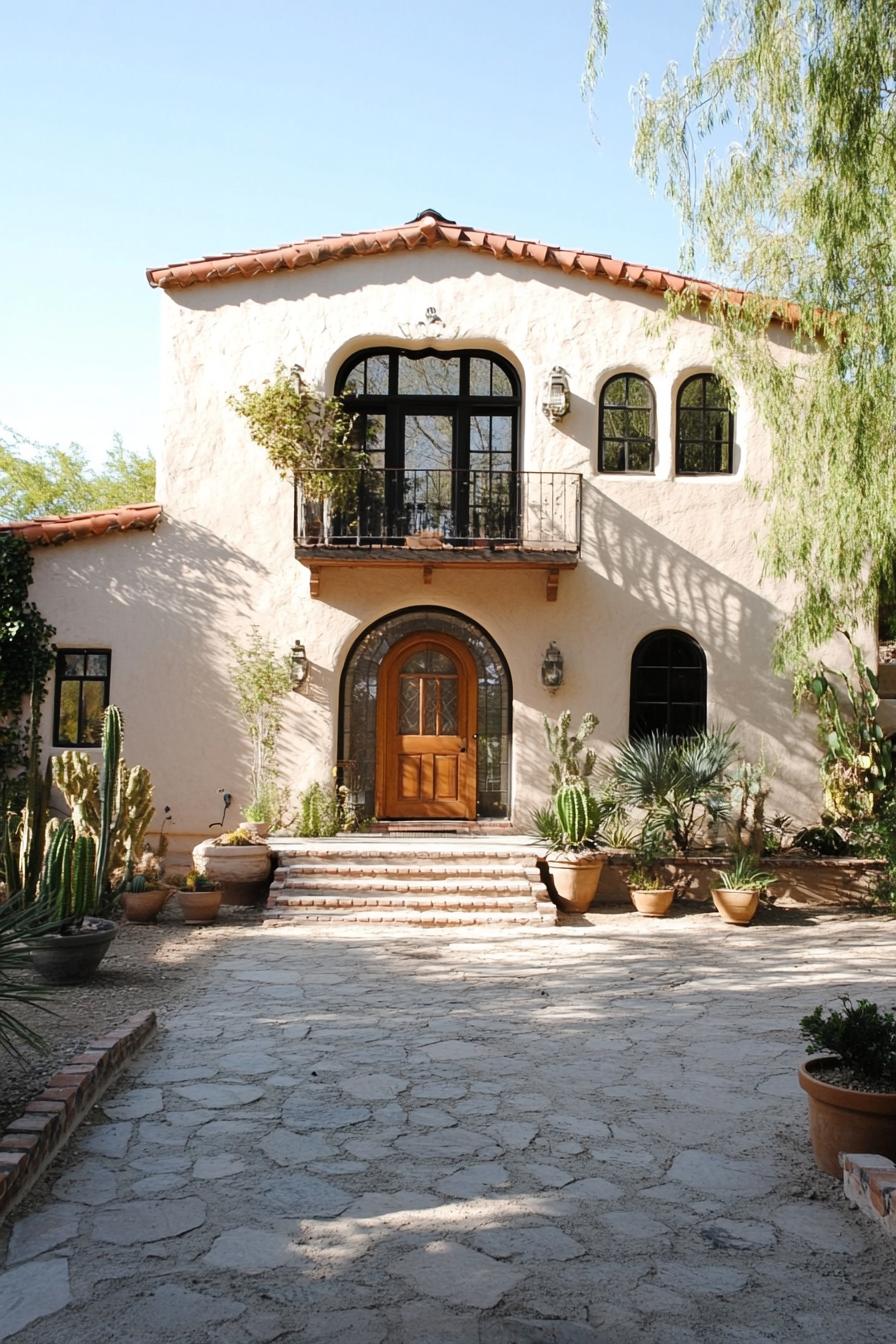 Charming Arizona home with arched windows and lush cacti