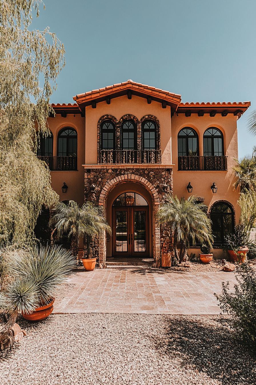 Elegant desert home with arched windows and lush greenery