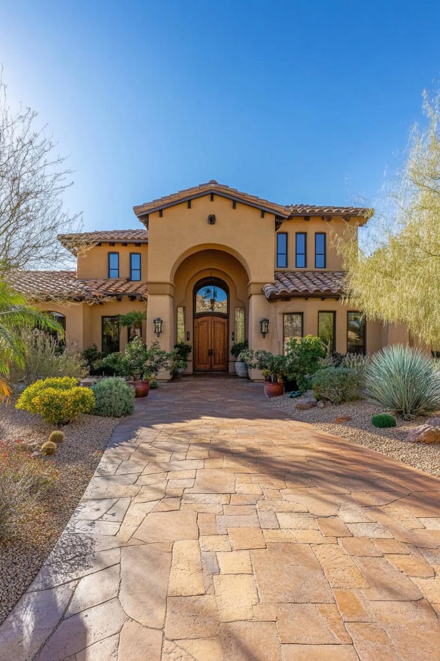 Elegant stone pathway leading to a stucco house with arched entrance