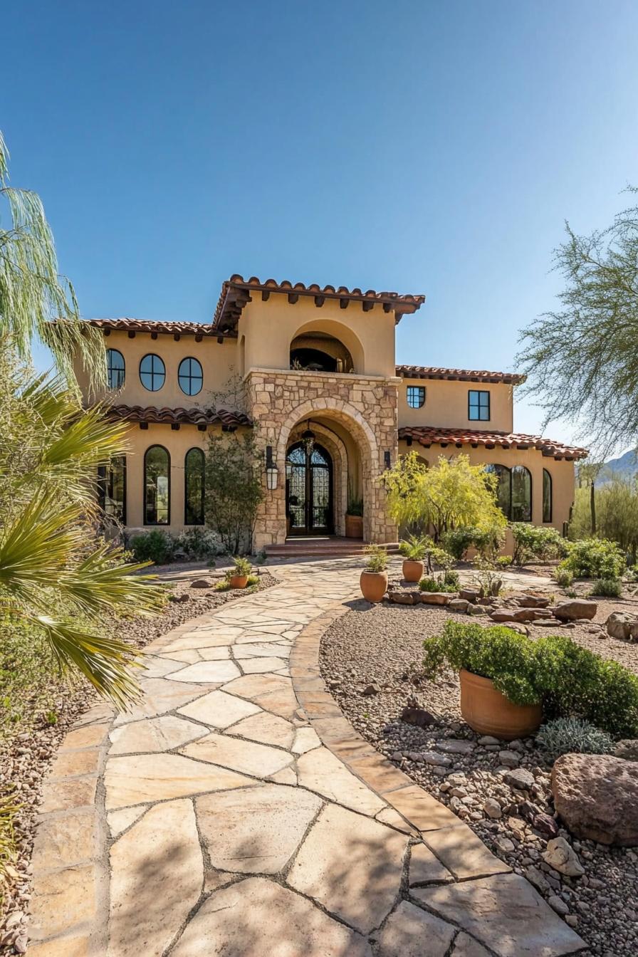 Spanish-style house with archway and desert landscape