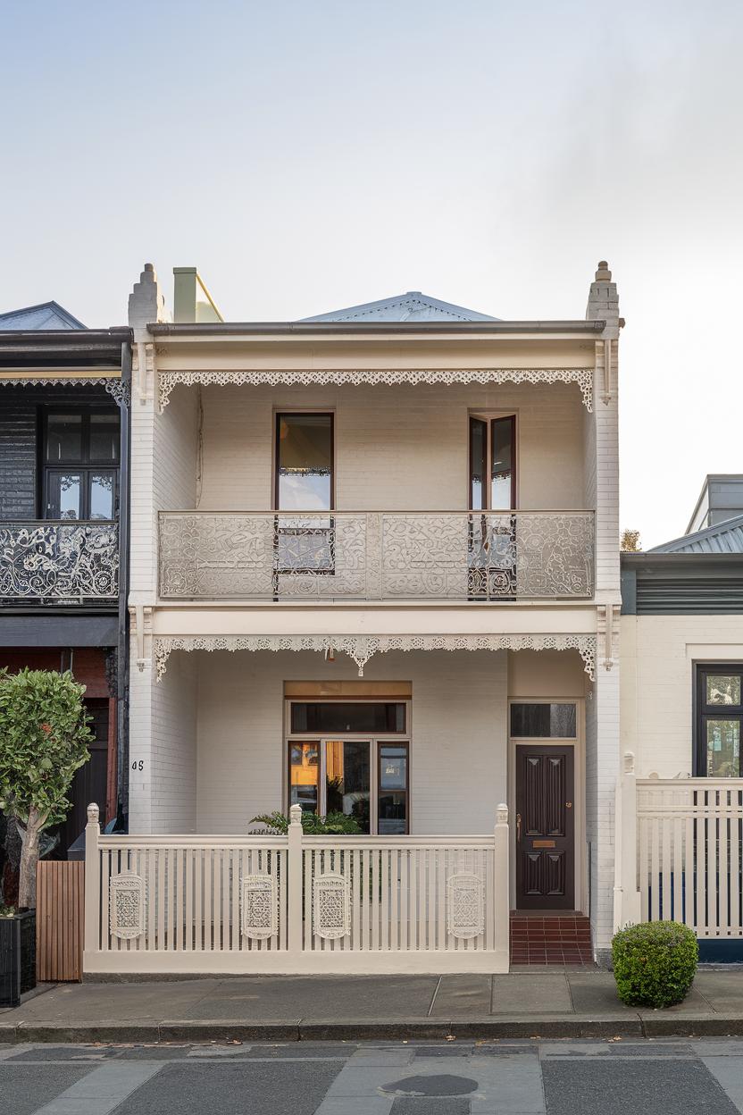 Charming white Victorian home with intricate ironwork