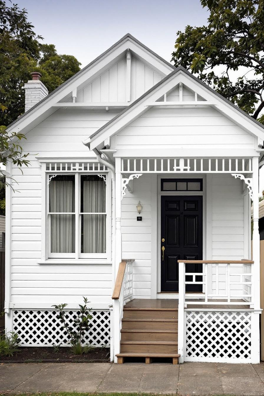 Charming white cottage with a black door