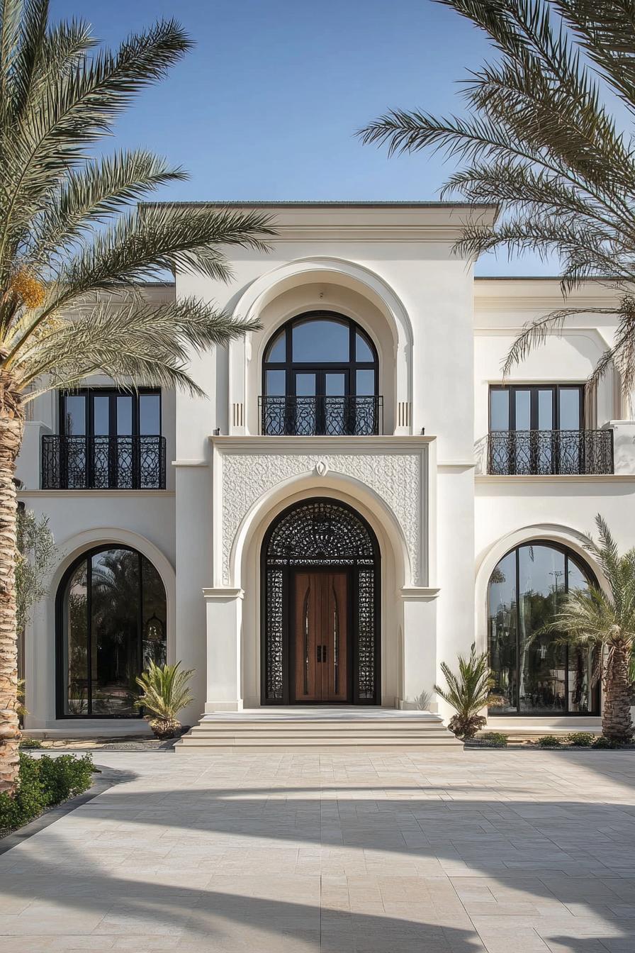 Elegant house facade with arches and palm trees