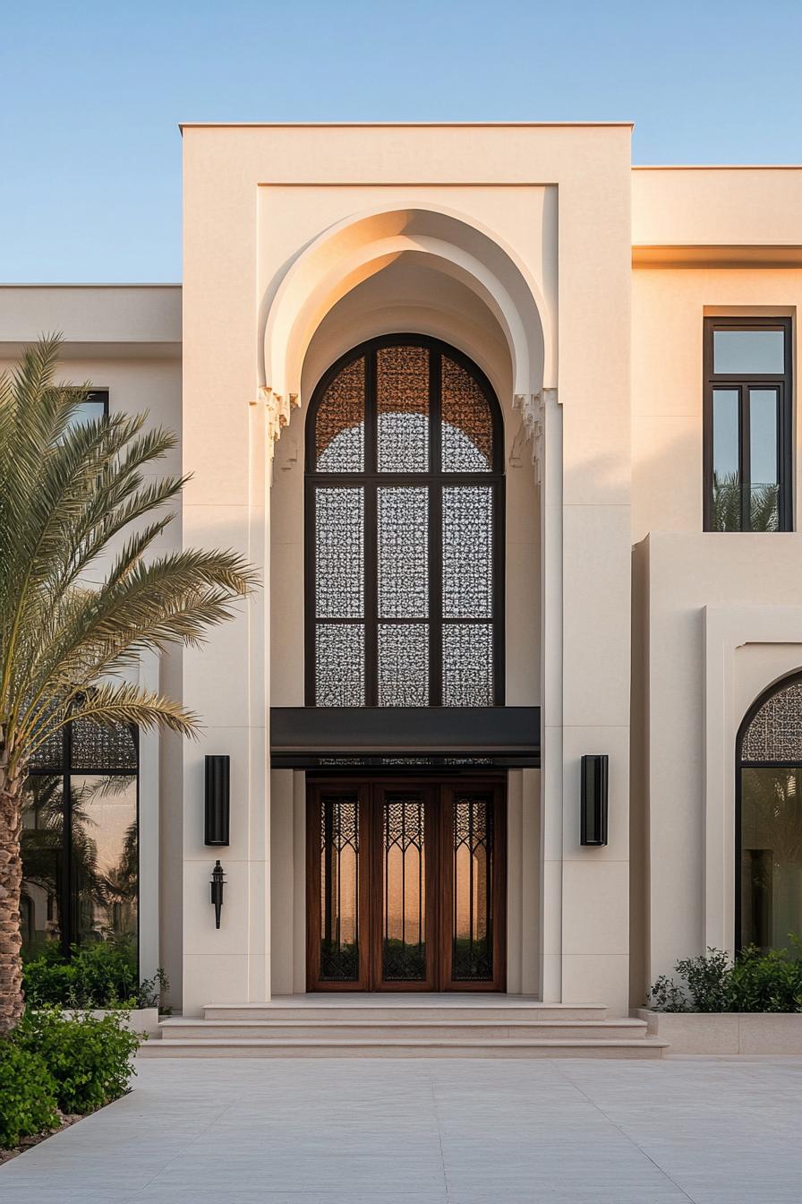 Modern Arabic house entrance with intricate arches and palm trees