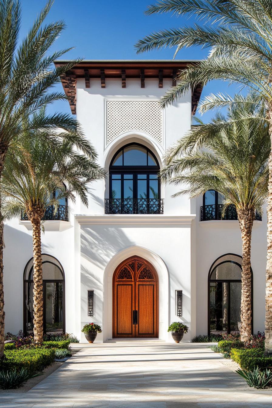 Stately home entrance with palm trees and arches