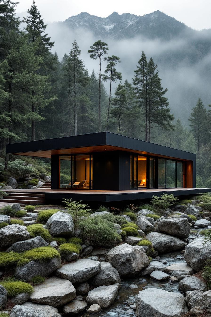 Modern house with large windows surrounded by rocks and trees