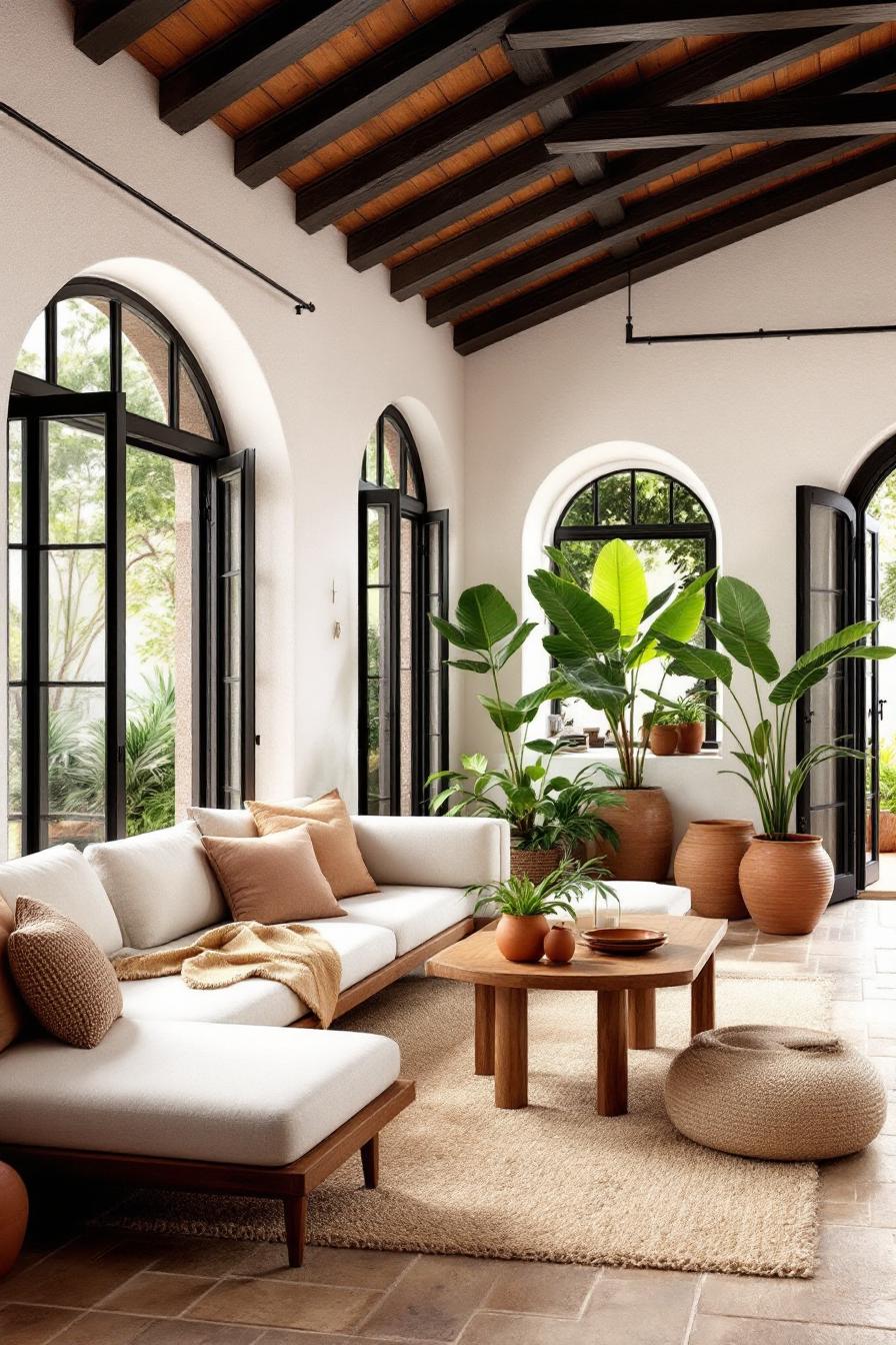 Sunlit room with arched windows and cozy furnishings