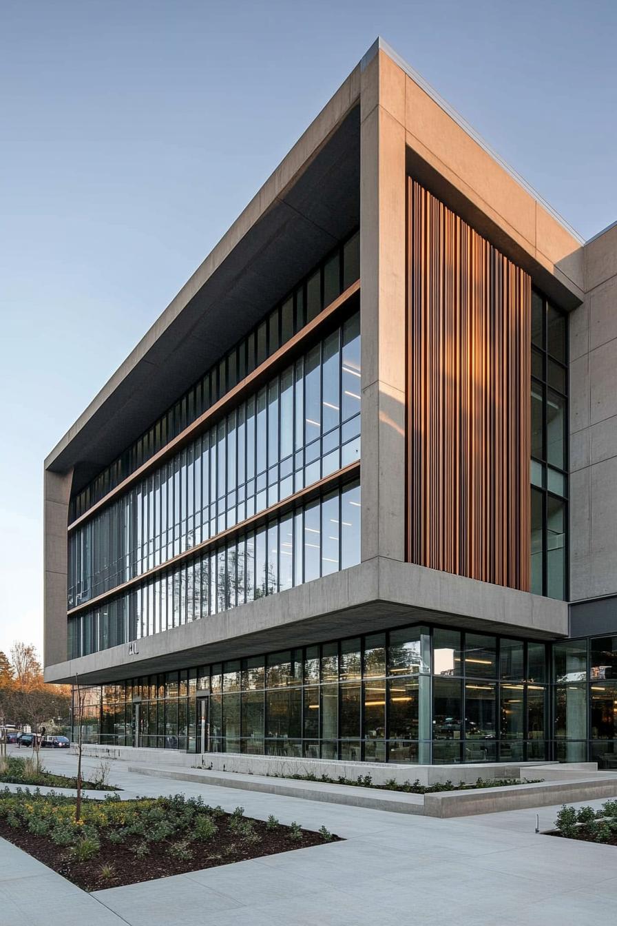 Modern building with glass exterior and vertical wooden panels