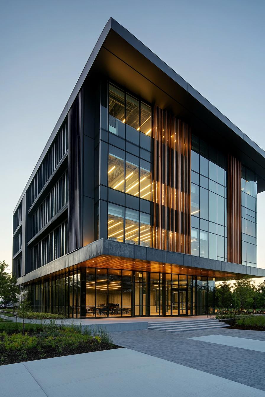 Modern glass building with glowing interior lights