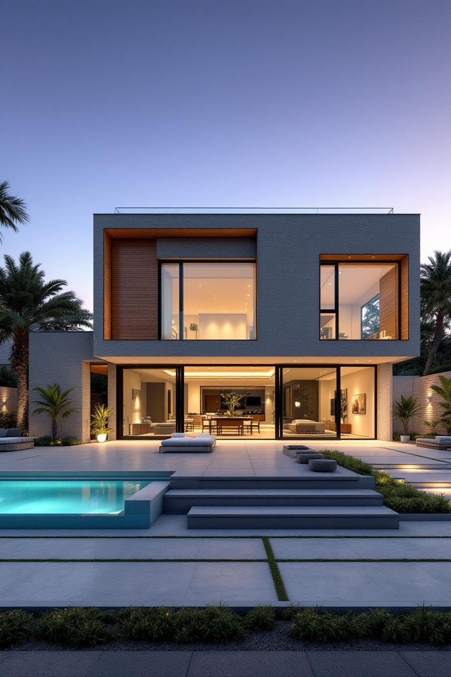 Modern house with large windows, a pristine pool, and cozy lighting